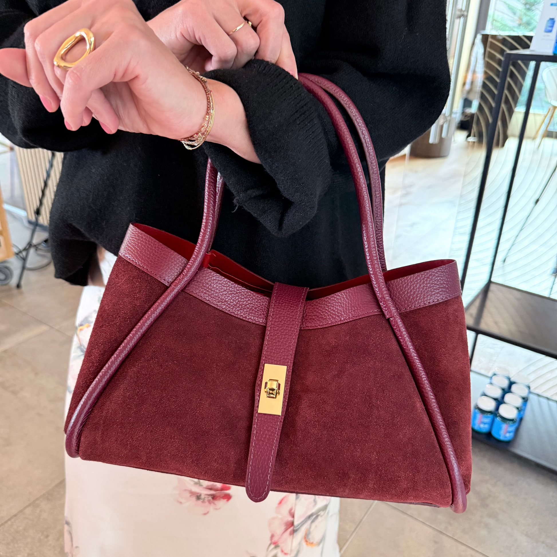 Italská semišová kabelka z pravé kůže BURGUNDY